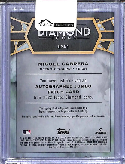 Miguel Cabrera autographed jumbo patch card from 2022 Topps Diamond Icons series