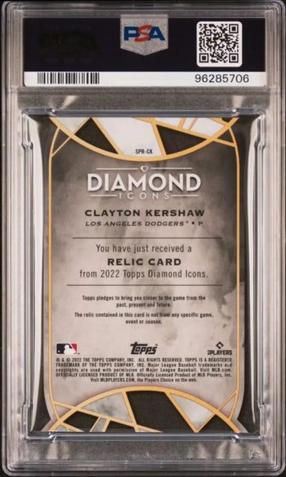 PSA-graded 2022 Topps Diamond Icons Relic back featuring Clayton Kershaw, GEM MINT