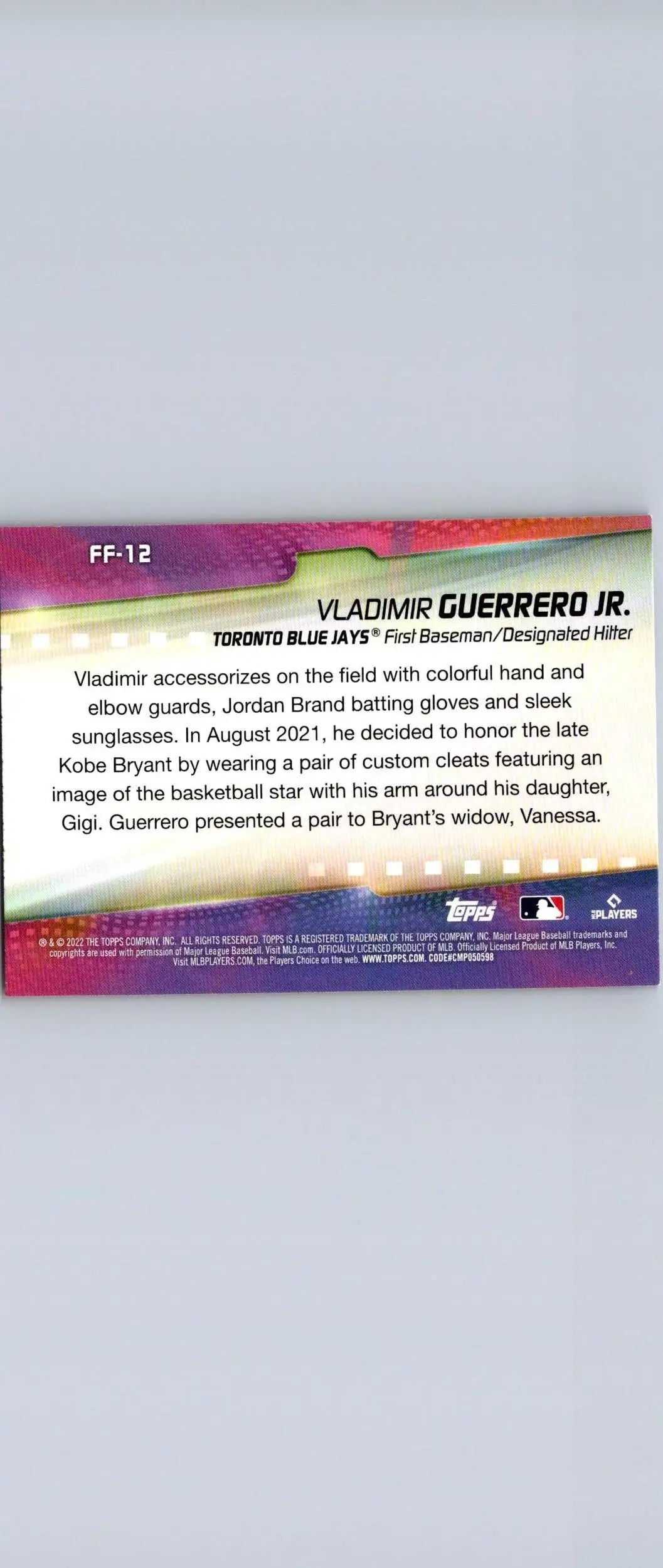 2022 Topps Vladimir Guerrero Jr. Flashiest Feet trading card featuring vibrant design