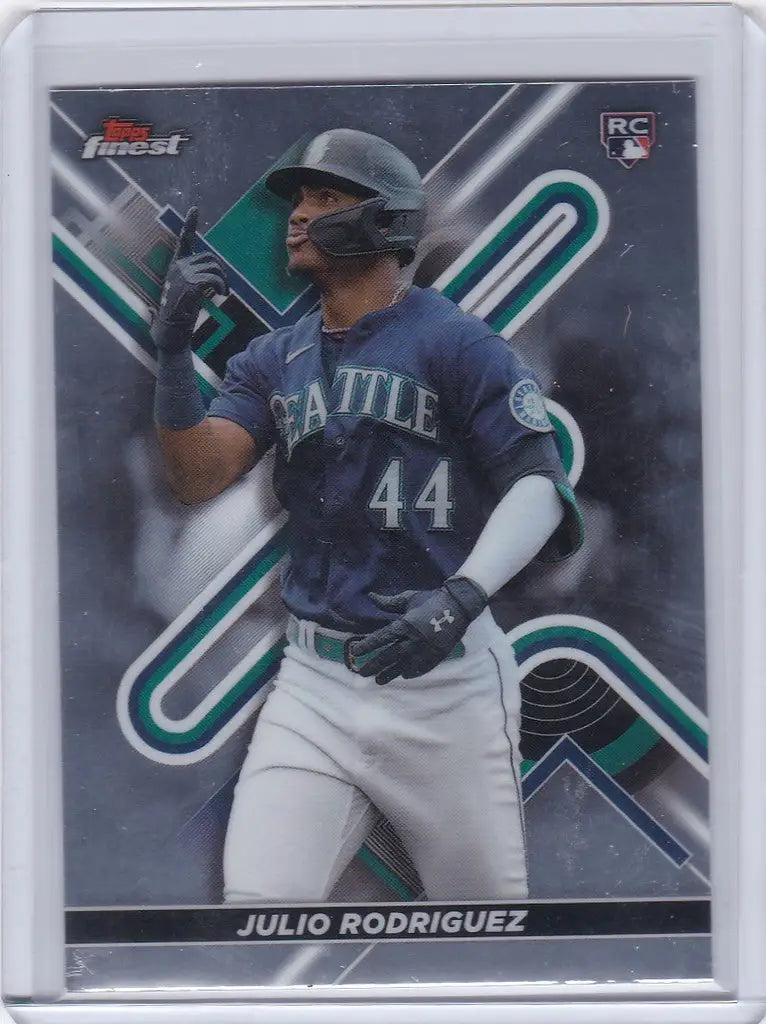 Baseball card of Julio Rodriguez in batting stance for Topps Finest Seattle Mariners