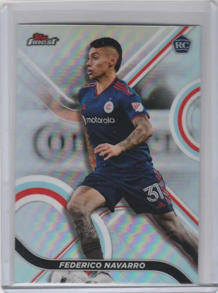 Soccer player card of Federico Navarro in dark blue uniform from Topps Finest MLS Refractor