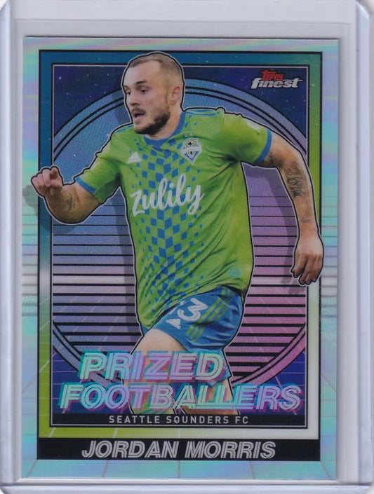 Topps Finest Prized Footballers card of Jordan Morris in Seattle Sounders FC jersey