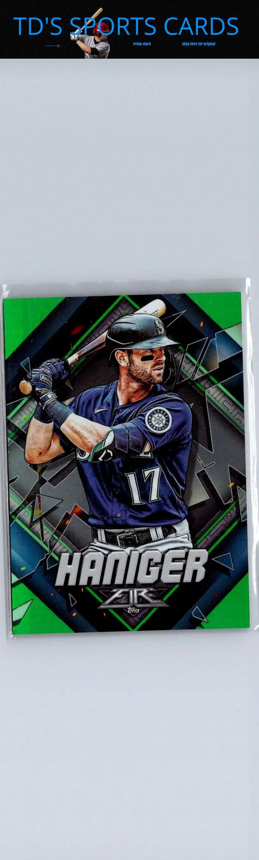 2022 Topps Fire Mitch Haniger baseball card featuring green parallel Haniger Green
