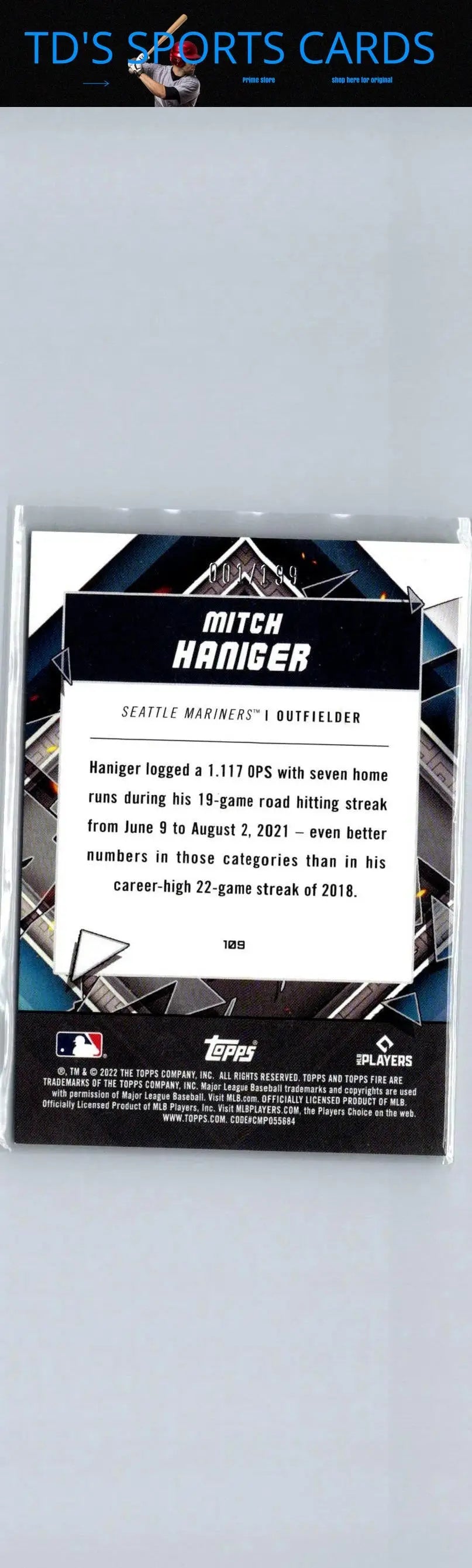 Mitch Haniger baseball card 2022 Topps Fire Green #/199 displayed in product