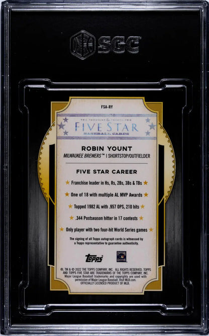 Back side of a graded Topps Five Star Robin Yount baseball card with career statistics