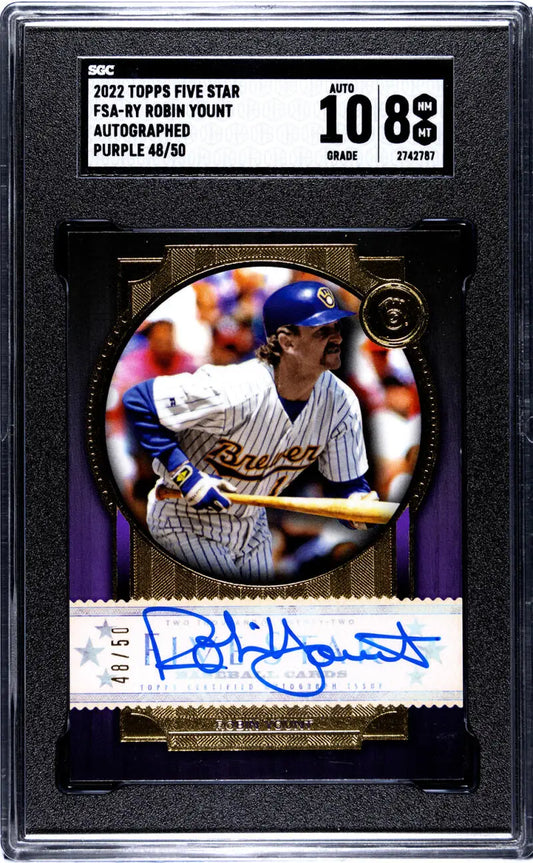 Graded Topps Five Star baseball card featuring Robin Yount with autograph and purple design