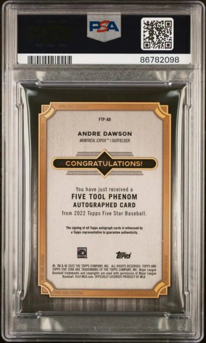 PSA-graded 2022 Topps Five Star Andre Dawson Auto card in protective case with QR code