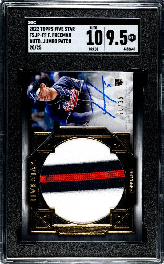 Graded Topps Five Star baseball card of Freddie Freeman with autograph and jersey patch