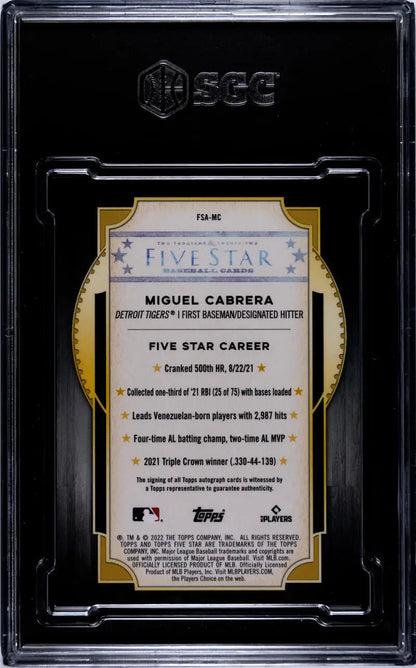Miguel Cabrera Detroit Tigers baseball card in black case with Five Star branding and stats