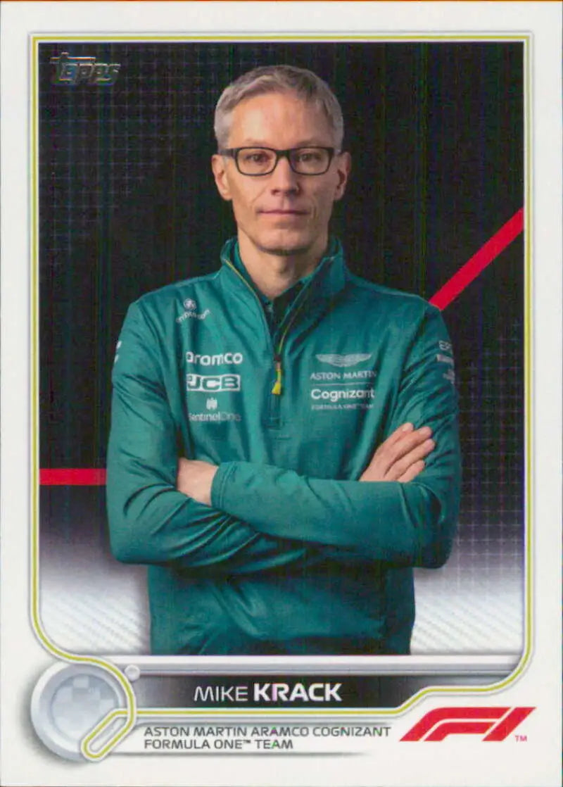 Aston Martin team member in green uniform and glasses on 2022 Topps Formula 1 Mike Krack Racing Card