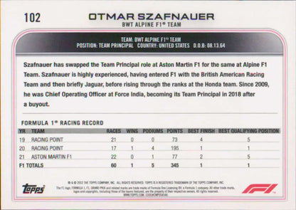 Trading card featuring Otmar Szafnauer’s F1 record with BWT Alpine, Topps Formula 1