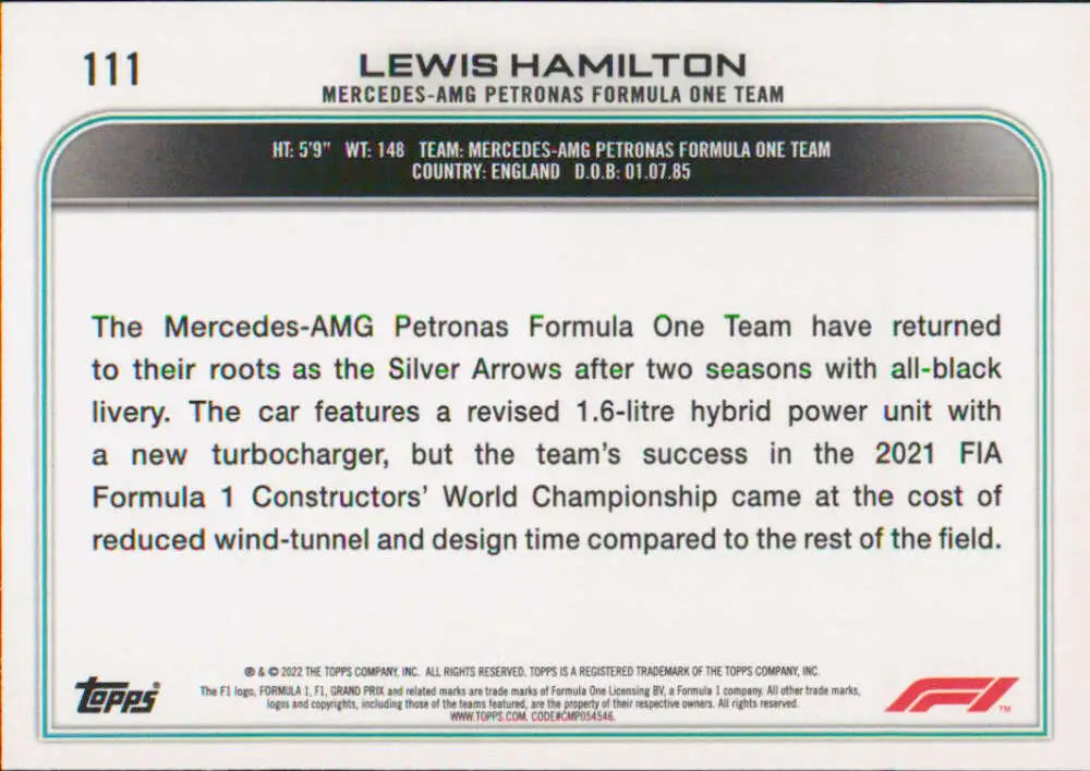 Trading card featuring Mercedes-AMG Petronas Team’s silver livery with Lewis Hamilton