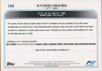 Ayumu Iwasa Racing Statistics Card from 2022 Topps Formula 1 Series