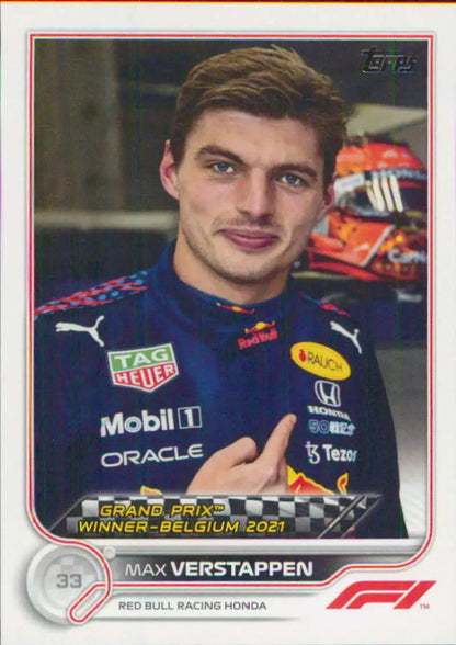 Trading card featuring Max Verstappen and Belgian Grand Prix winners by Topps Formula