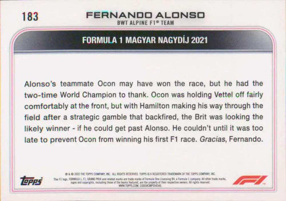 Formula 1 trading card showcasing Fernando Alonso from 2021 Hungarian Grand Prix by Topps Formula