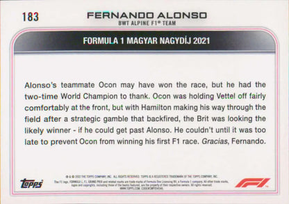 Formula 1 trading card showcasing Fernando Alonso from 2021 Hungarian Grand Prix by Topps Formula