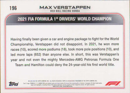 Max Verstappen 2022 Topps Formula 1 #196 racing card with 2021 World Championship stats