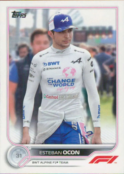 Esteban Ocon in BWT Alpine racing suit featured on Topps Formula 1 racing card