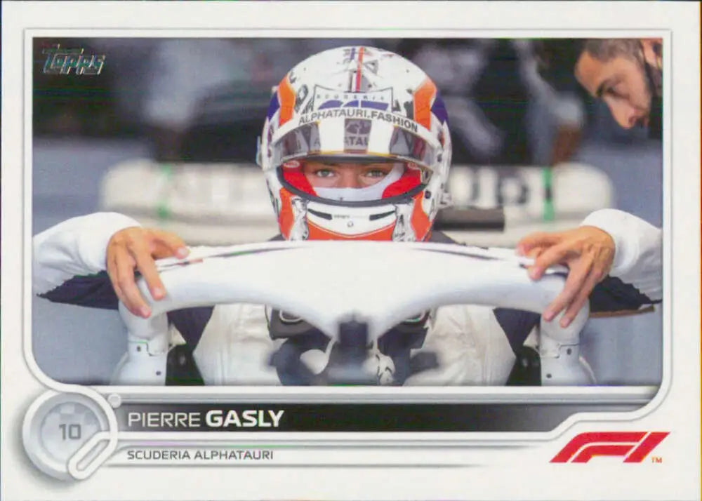 Pierre Gasly in a white racing suit and helmet featured on a Topps Formula racing card