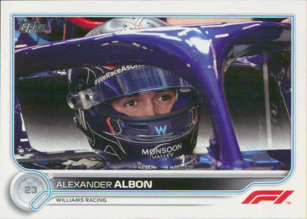Alexander Albon in purple helmet inside Williams car on 2022 Topps Formula racing card