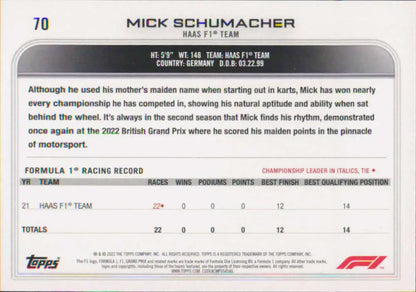 Mick Schumacher 2022 Topps Formula 1 #70 Racing Card with driver statistics and biography