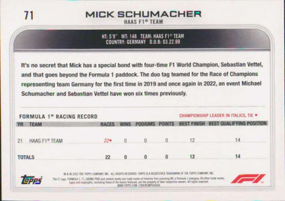 Mick Schumacher racing card displaying 2022 Topps Formula 1 driver statistics and record