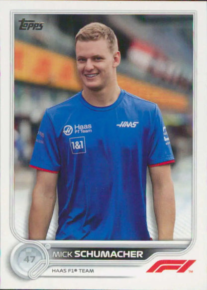 Mick Schumacher 2022 Topps Formula 1 racing card featuring blue Haas team shirt