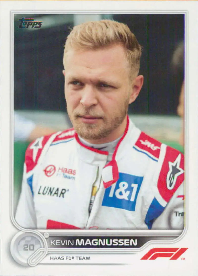 Kevin Magnussen Topps Formula 1 racing card showcasing Haas F1 Team driver in attire