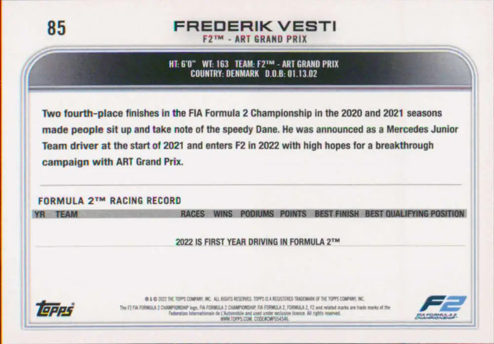 Frederik Vesti racing card featuring statistics from 2022 Topps Formula 1 collection