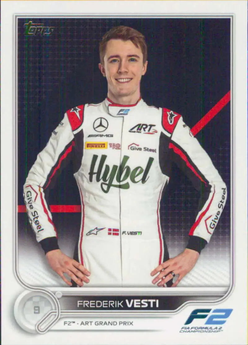 Racing card of Frederik Vesti in white Hybel-sponsored Mercedes suit, Topps Formula 1