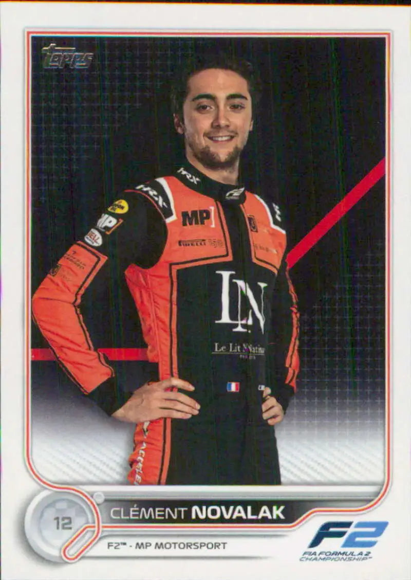 Topps Formula 1 Racing Card featuring Clement Novalak in black and orange suit