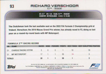 Richard Verschoor 2022 Topps Formula 1 #93 NM-MT Racing Card with driver statistics