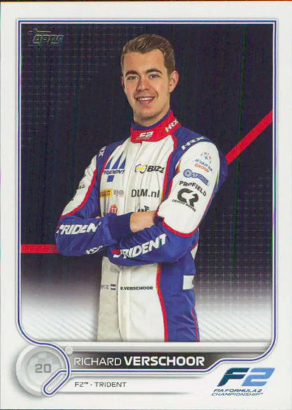 Racing card of Richard Verschoor in white and blue Trident team suit from Topps Formula
