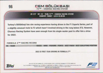 Racing statistics card for Cem Bölükbaşı from Topps Formula 1 #96 collection