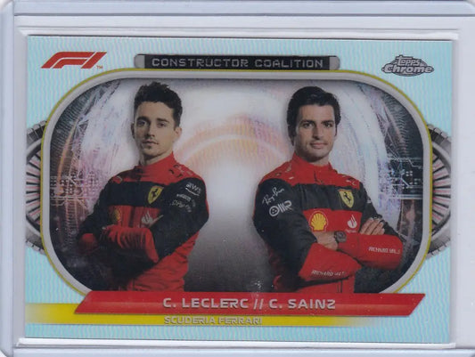 Trading card of Leclerc and Sainz in Ferrari uniforms, showcasing Constructor Coalition Leclerc