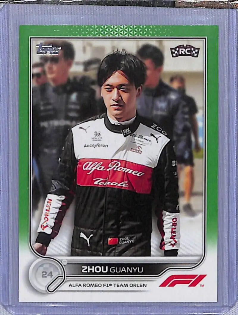 Green Zhou Guanyu Formula 1 racing card featuring Alfa Romeo team member attire