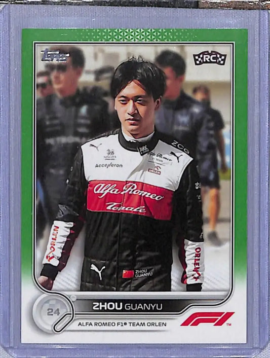 Green Zhou Guanyu Formula 1 racing card featuring Alfa Romeo team member attire