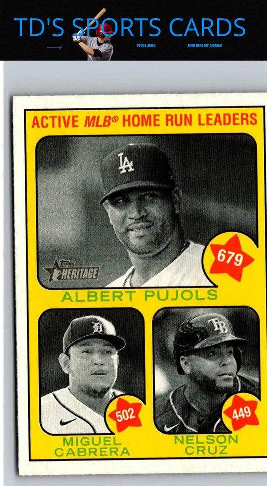 Baseball card showcasing Albert Pujols, Miguel Cabrera, and Nelson Cruz as MLB Home Run Leaders
