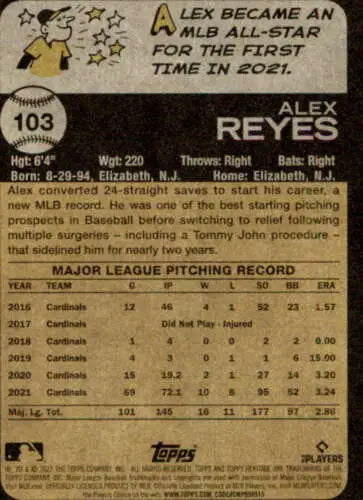 Baseball card back of 2022 Topps Heritage #103 Alex Reyes NM-MT Cardinals with original gloss