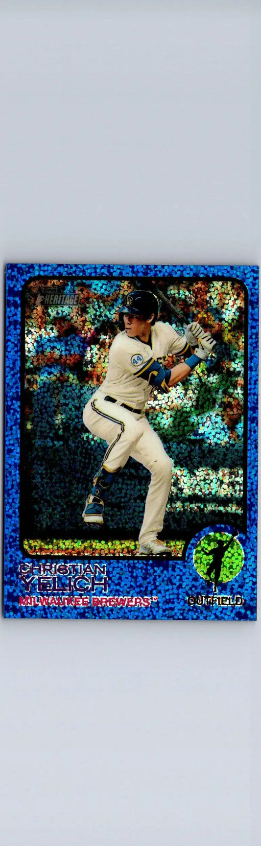 Baseball card of Christian Yelich from 2022 Topps Heritage featuring Chrome Blue Sparkle