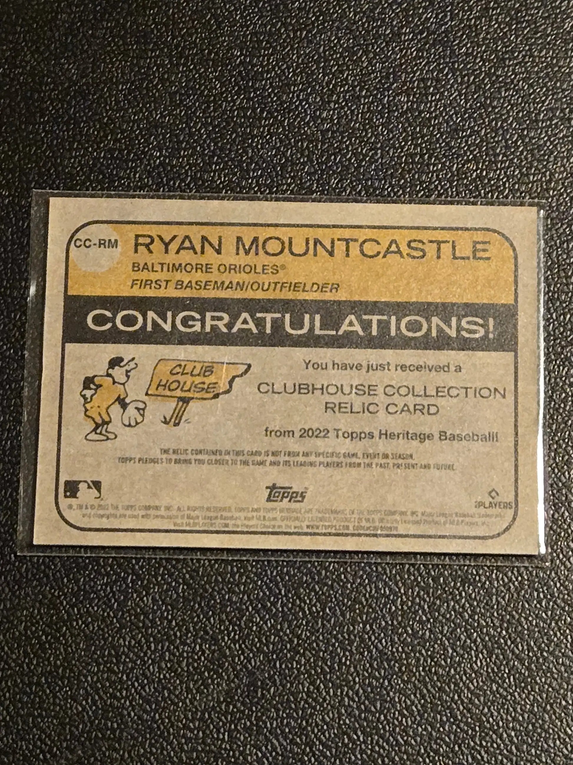 Ryan Mountcastle Baltimore Orioles Clubhouse Collection relic card from 2022 Topps Heritage Baseball