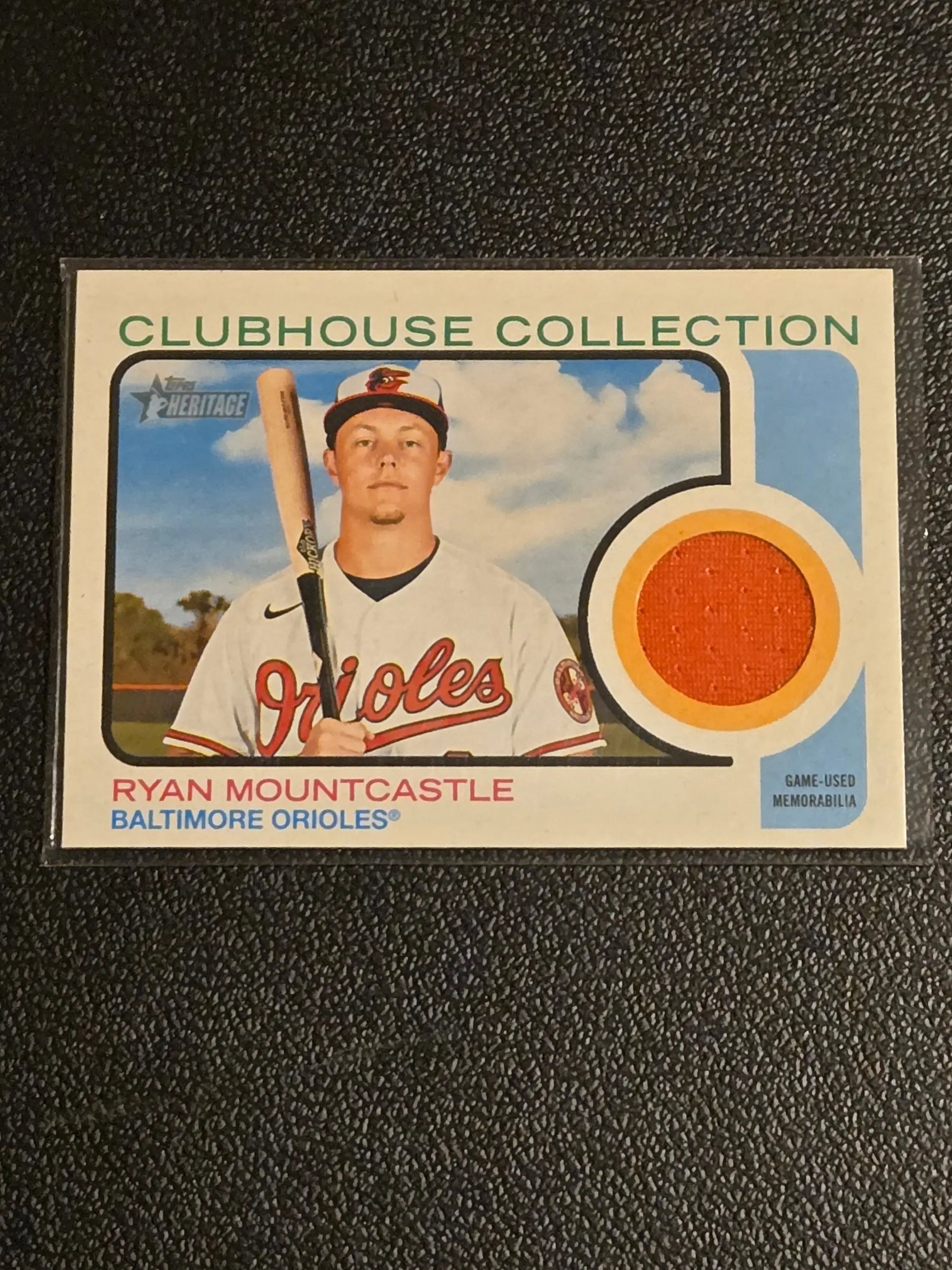 Baseball trading card of Ryan Mountcastle Baltimore Orioles with game-used memorabilia swatch