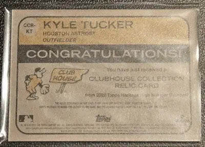 Kyle Tucker baseball relic card from 2022 Topps Heritage Kyle Tucker Clubhouse Collection Relics