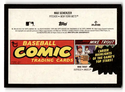 Baseball comic trading card from 2022 Topps Heritage High Number series featuring Max Scherzer