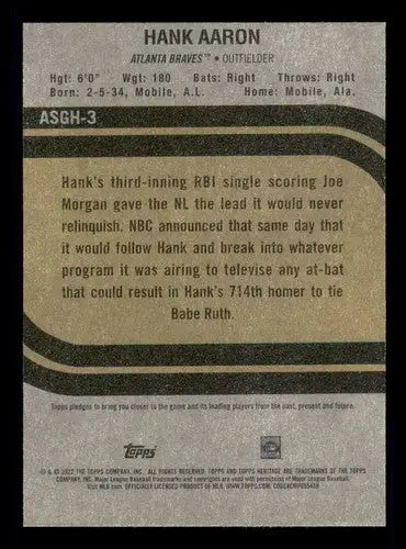 Hank Aaron baseball card back from 2022 Topps Heritage High Number 1973 MLB All-Star Game Highlights