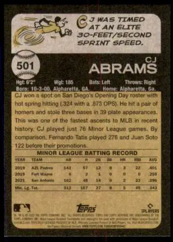 Baseball card back of 2022 Topps Heritage High Number #501 CJ Abrams with original gloss