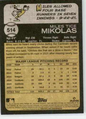 Baseball card of Miles Mikolas from 2022 Topps Heritage High Number set in NM-MT condition