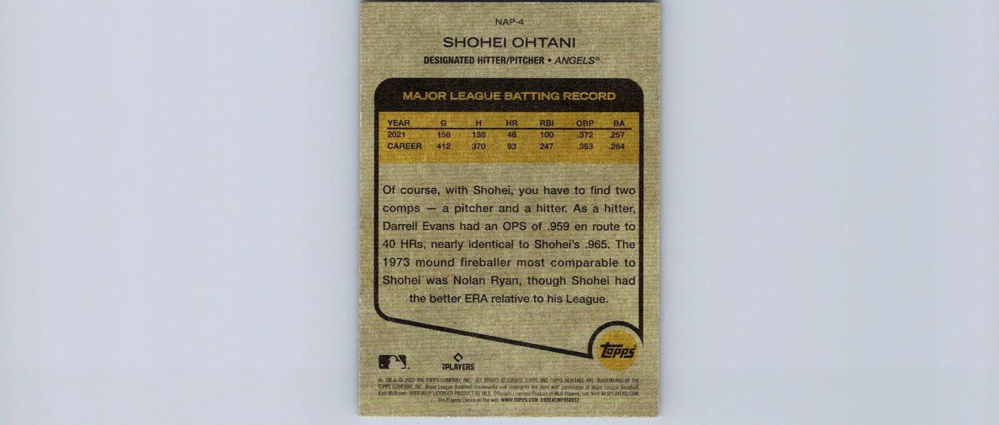 Shohei Ohtani baseball card from 2022 Topps Heritage New Age Performers series