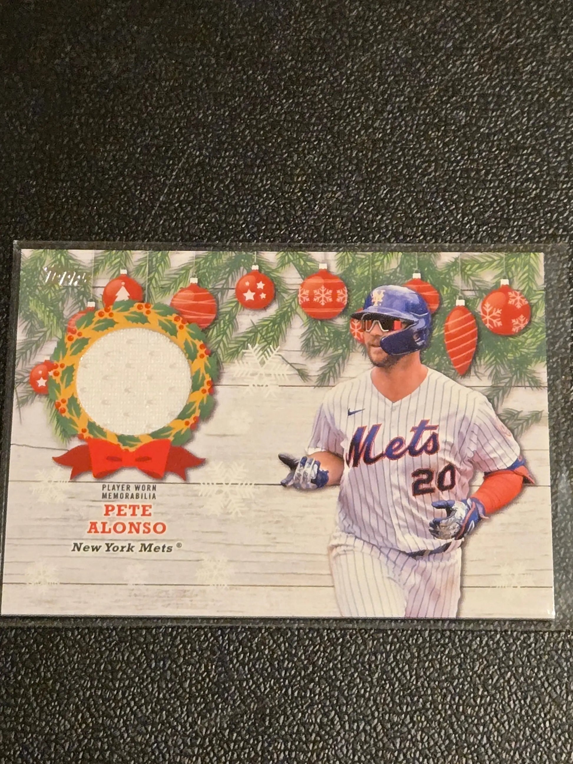 Pete Alonso New York Mets 2022 Topps Holiday relics trading card with Christmas design