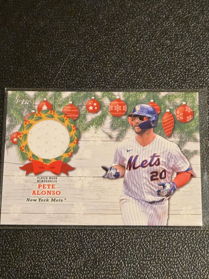 Pete Alonso New York Mets 2022 Topps Holiday relics trading card with Christmas design